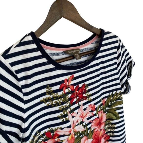 Tommy Bahama Navy and White Striped T-shirt with Floral design - Size Small - Picture 2 of 4